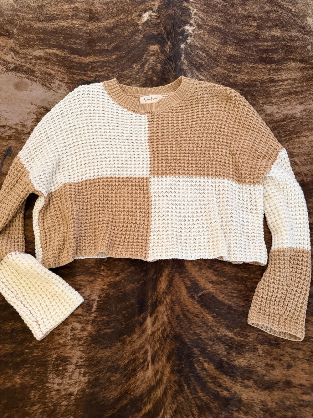 Cropped Colorblock Waffle Knit Sweater - Cream & Tan